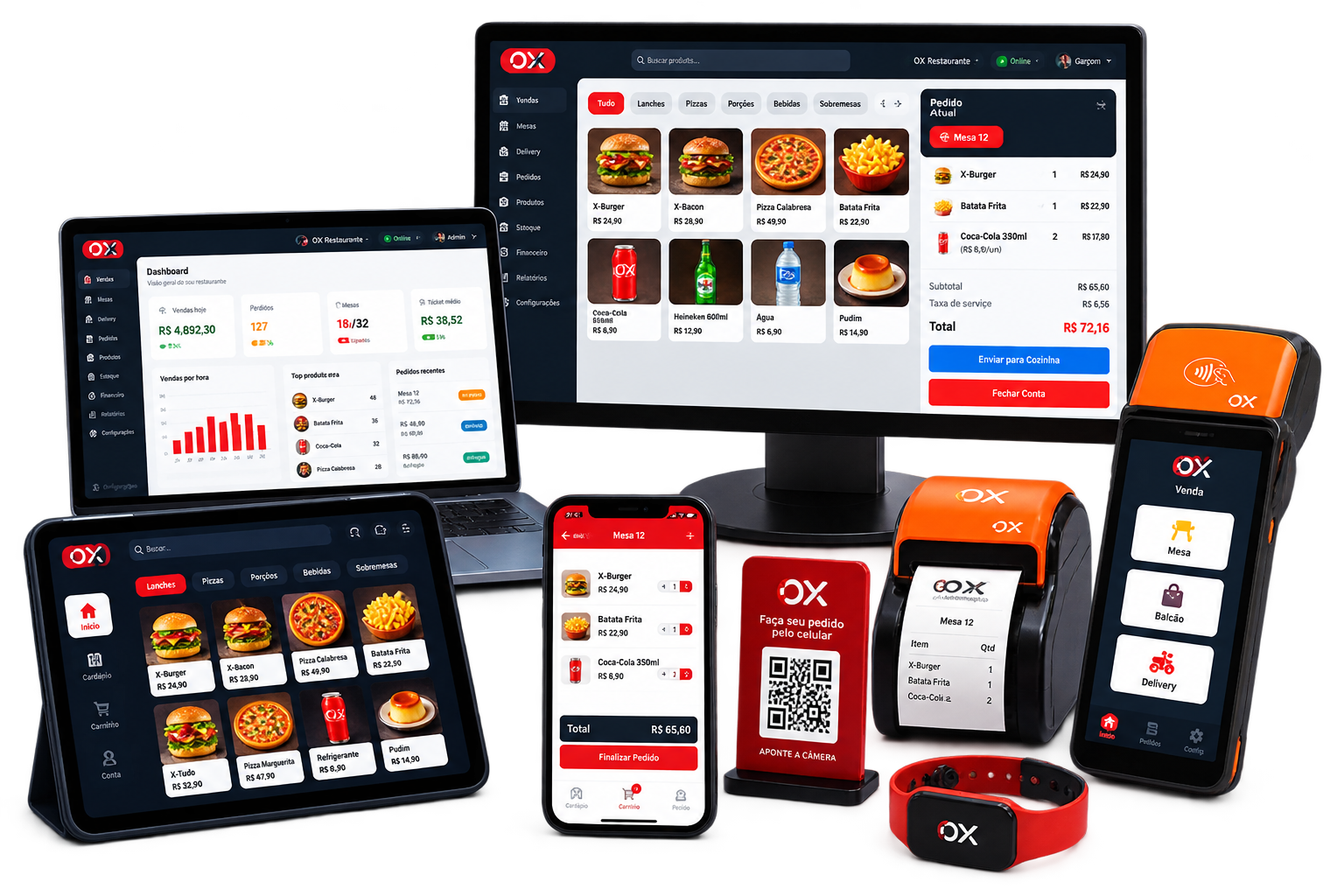 Telas do sistema OX Automação em monitor, notebook, tablet, celular, impressora, totem de QR code, maquininha e pulseira cashless